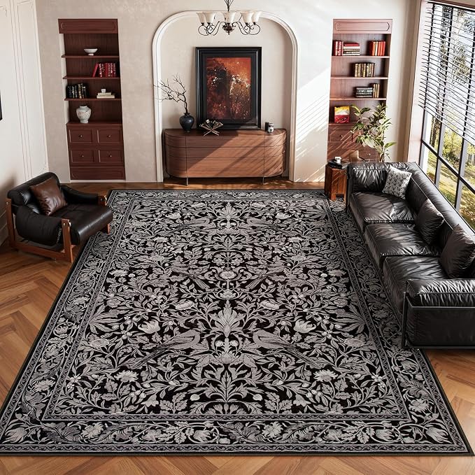 Lahome Bird Area Rugs 9x12 Living Room, Soft Washable Black Rug by Lahome