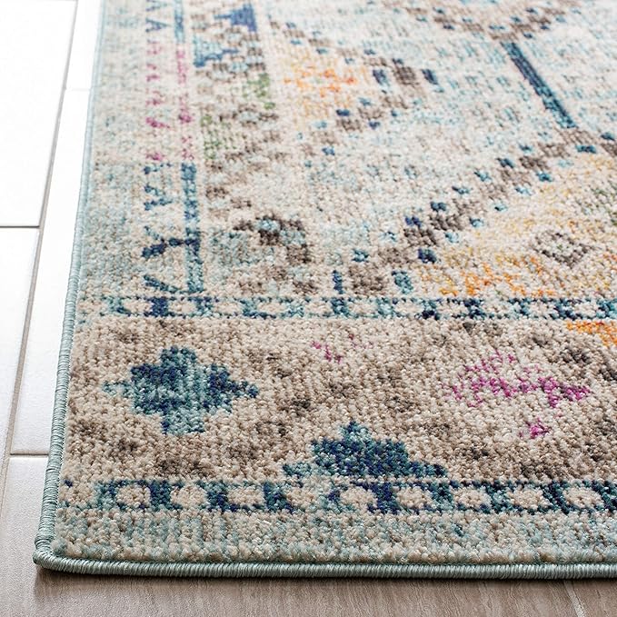 SAFAVIEH Madison Collection Area Rug - 6'7" Square, Blue & Yellow, Boho Diamond Distressed Design, Non-Shedding & Easy Care, Ideal for High Traffic Areas in Living Room, Bedroom (MAD418K)