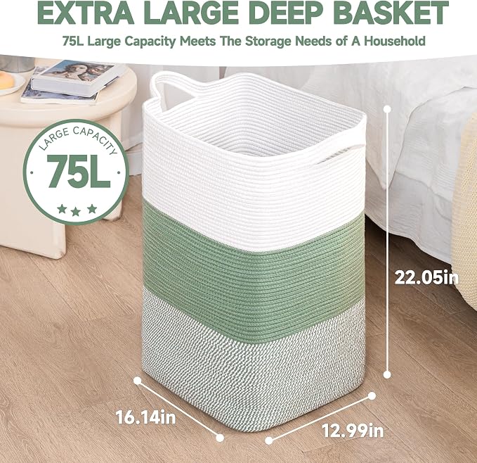 CLHMILY&Z 75L Laundry Basket Rectangular Green Rope - Image 4