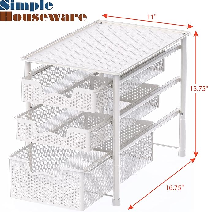 Simple Houseware 3 Tier White Alloy Steel Sliding Basket Organizer Drawer - Image 2