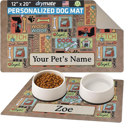 Drymate Personalized Pet Bowl Placemat, Custom Dog & Cat Food Feeding Mat - Absorbent Fabric, Waterproof Backing - Machine Washable/Durable (USA Made) (12" x 20") (Cool Dog - Brown)