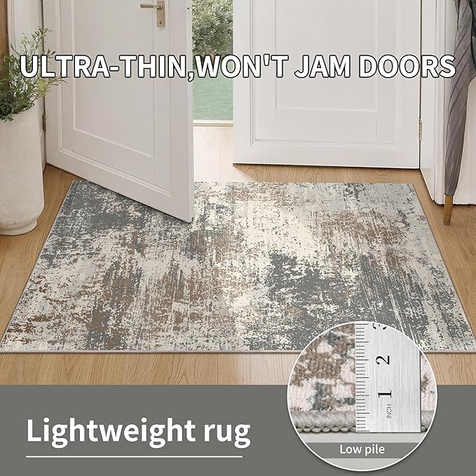 Ciicool Abstract Area Rug Indoor, 3x5 Washable Entryway Rug, Modern Soft Throw Rug with Non-Slip Backing for Bedroom Living Room Entrance Kitchen, Non-Shedding Low-Pile Floor Carpet Doormat Grey Beige