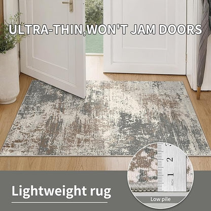 Ciicool Abstract Area Rug Indoor, 3x5 Washable Entryway Rug, Modern Soft Throw Rug with Non-Slip Backing for Bedroom Living Room Entrance Kitchen, Non-Shedding Low-Pile Floor Carpet Doormat Grey Beige