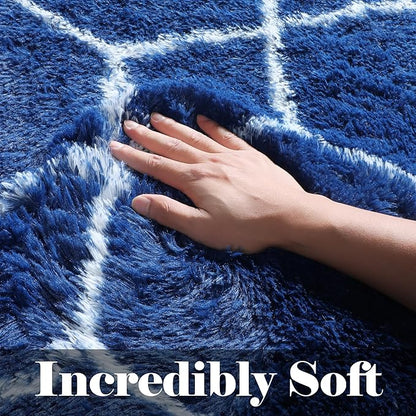ONASAR Large 6x9 Area Rugs for Living Room, Fluffy Geometric Navy and White Rug for Boys Bedroom Home Decor Aesthetic, Soft Shaggy Plush Floor Carpet for Girls Teen Nursery Playroom Office Dorm