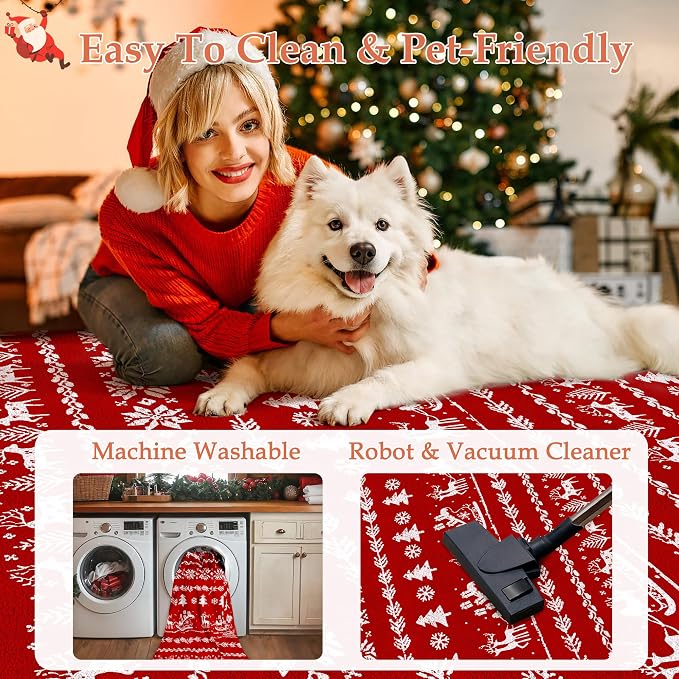 Christmas Area Rug 5x7 Red Kitchen Washable Carpet Xmas Snowflake Holiday Decor - Image 2