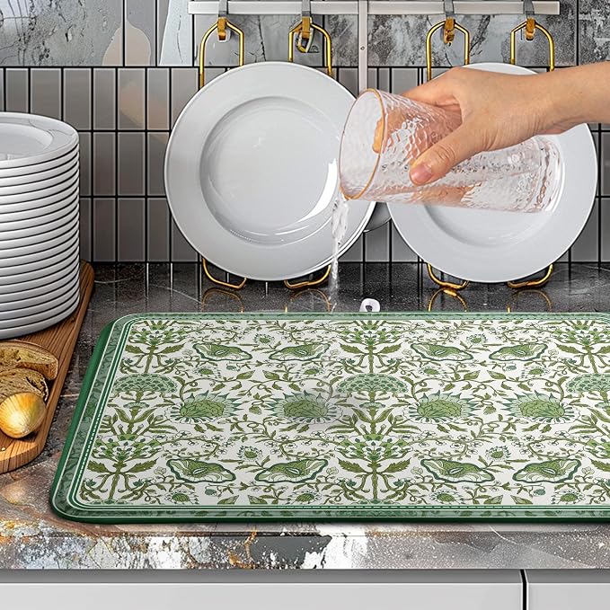 Green Floral Dish Drying Mat for Kitchen Counter 18x24 Inch Spring Summer - Image 5