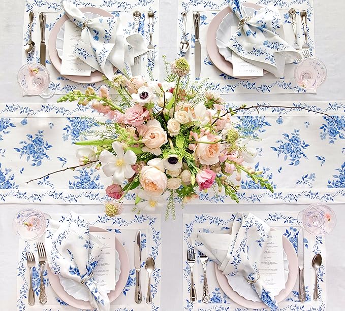 Solino Home Blue Floral Print Table Runner 72 Inches Long - 100% Pure Linen Table Runner 14 x 72 Inch - Handcrafted and Machine Washable - Jolie Fleur Print