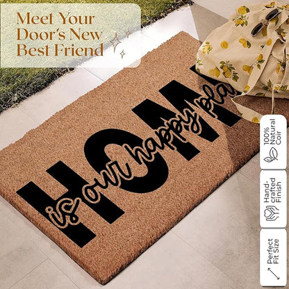Coir Door Mats 17" X 30", Non-Slip Sturdy, PVC Backed Heavy Duty, Easy to Clean, Ideal for Door Entrance, Patio, Porch, Backyard, Garages, Home is Our Happy Place