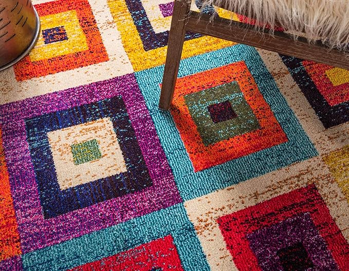 Unique Loom Estrella Collection Colorful, Geometric, Squares Modern, Abstract Area Rug (5' 0 x 8' 0 Rectangular, Multi/Beige)