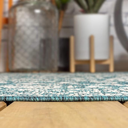 JONATHAN Y Weave Floral Indoor Outdoor Square Area Rug 8X8 Teal/Gray, Tela Bohemian Textured for Backyard, Patio, Porch, Easy-Cleaning, High Traffic, Pet-Friendly, Non-Shedding (SMB100C-8SQ)