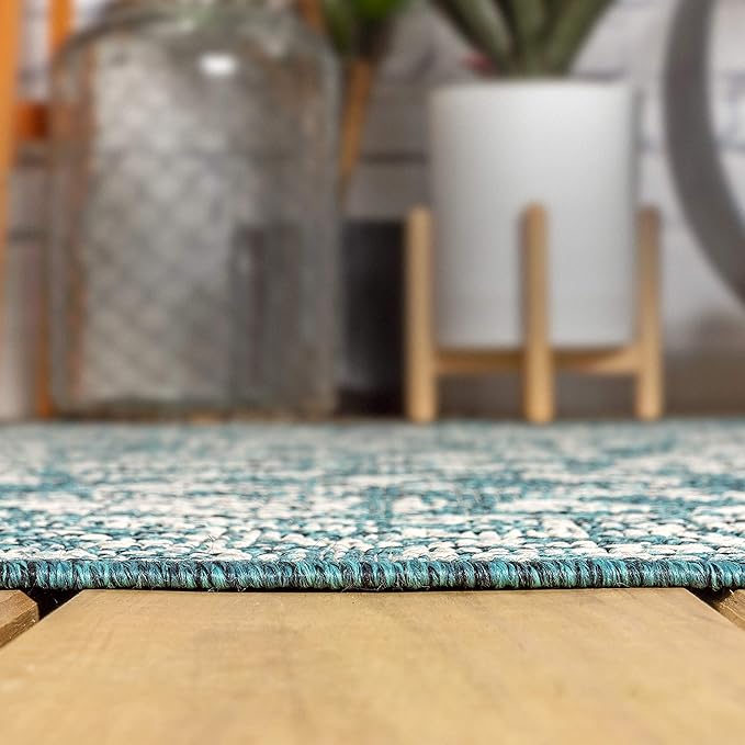 JONATHAN Y Weave Floral Indoor Outdoor Square Area Rug 3X3 Teal/Gray, Tela Bohemian Textured for Backyard, Patio, Porch, Easy-Cleaning, High Traffic, Pet-Friendly, Non-Shedding (SMB100C-3SQ)