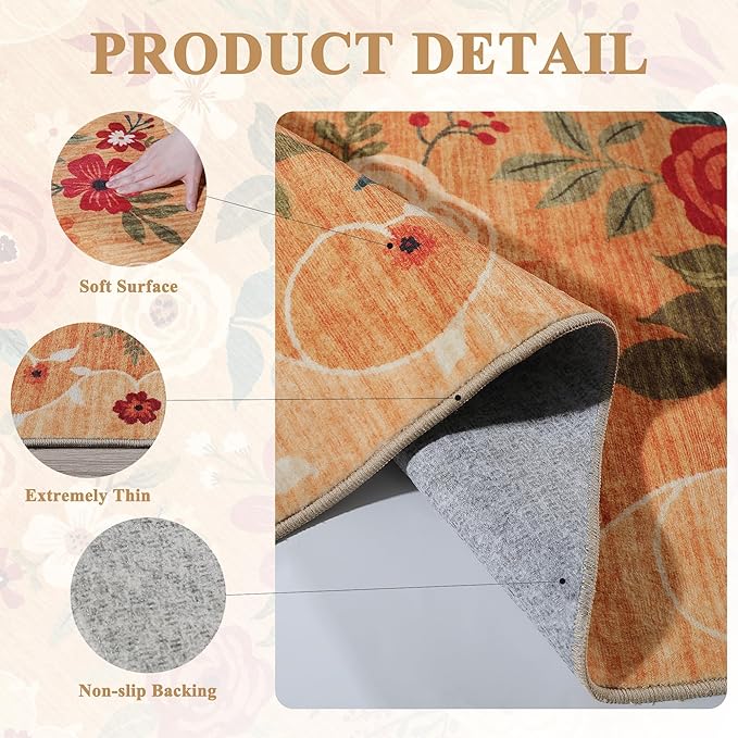DUKINO 5x7 Area Rug, Floral Rugs for Living Room, Lightweight Non Slip Washable Rug, Indoor Low Pile & Non-Shedding Boho Design Rugs for Bedroom, Living Room, Dining Room, Orange