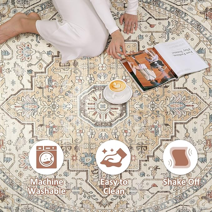 Round Rug Living Room Rugs: 6Ft Washable Boho Neutral Large Circle Soft Indoor Floral Stain Resistant Floor Farmhouse Carpet for Bedroom Nursery Kids Playroom Office Dining Room Dorm Home- Cream Blue