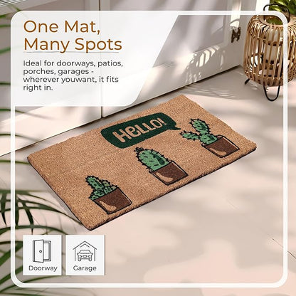 Coir Door Mats 17" X 30", Non-Slip Sturdy, PVC Backed Heavy Duty, Easy to Clean, Ideal for Door Entrance, Patio, Porch, Backyard, Garages, Hello Cactus