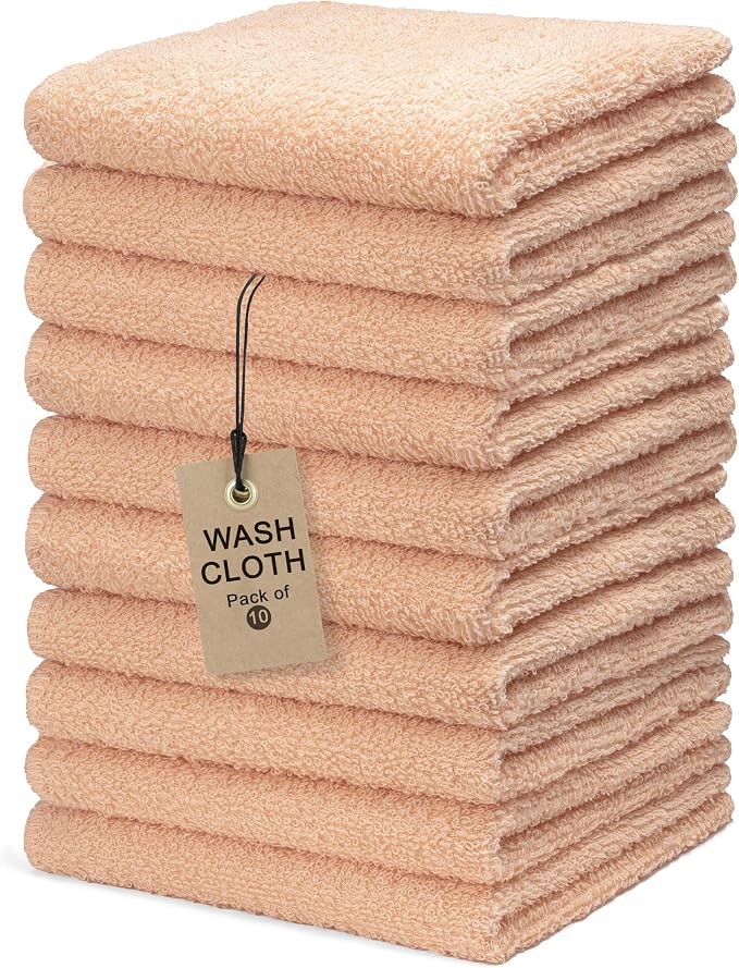 Textila Terry Wash Cloths – Pack of 10, Soft Peach, 12x12 Inches – Soft by TEXTILA