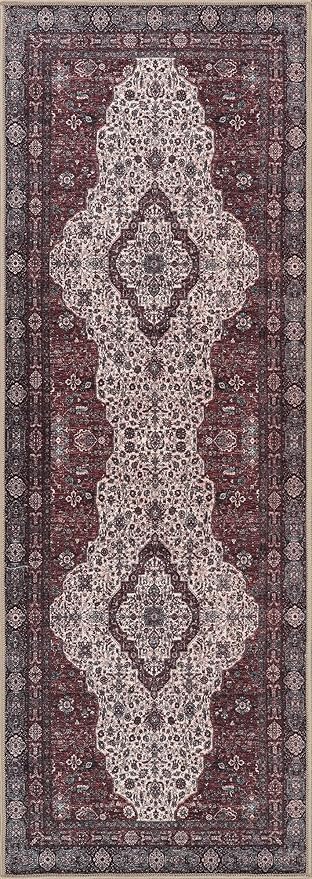 Bloom Rugs Washable Non-Slip 12 ft Runner - Red/Green/Cream Traditional Medallion Runner for Entryway, Hallway, Bathroom, and Kitchen - Exact Size: 2.5' x 12'