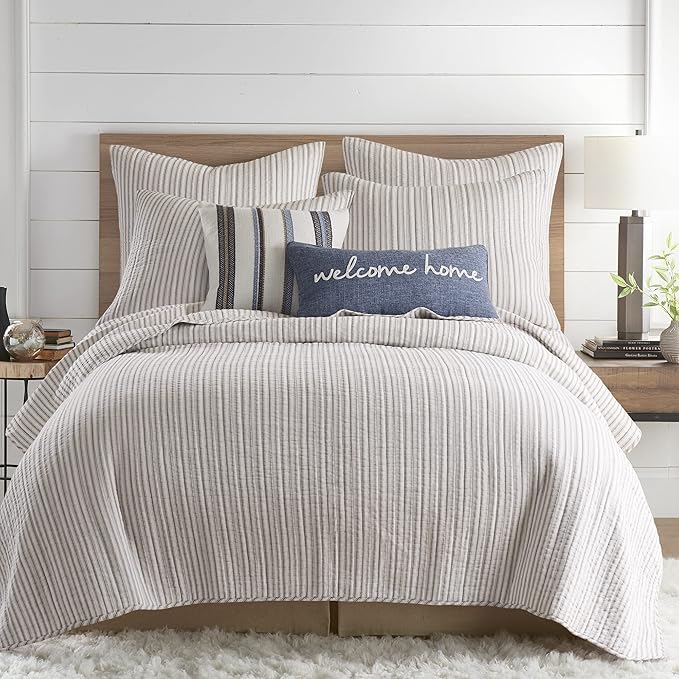 Levtex Home Tobago Stripe Taupe Reversible King/Cal King Quilt Set (106x92in) and 2 Pillow Shams (36x20in) - Striped - Taupe, White - Cotton King Size Quilt Bedding Set - Lightweight Soft Pre-Washed