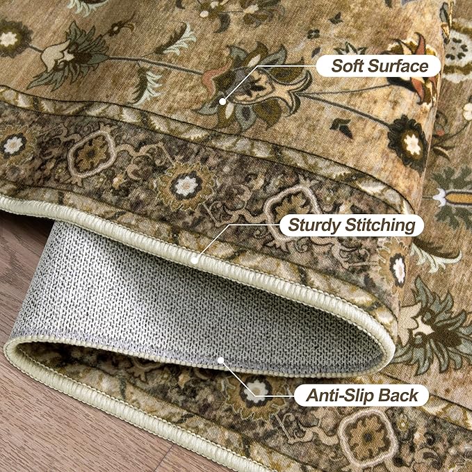 Floral Runner Rug 2x5 Washable for Hallway, Non-Slip Vintage Boho for Entryway Indoor, Brown Print Carpet Runner, Soft Low Pile Long Rug for Kitchen Bedroom