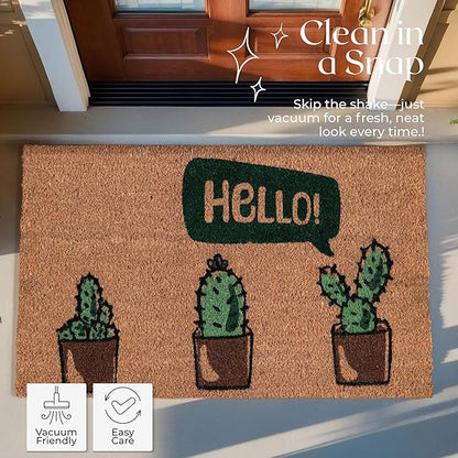 Coir Door Mats 17" X 30", Non-Slip Sturdy, PVC Backed Heavy Duty, Easy to Clean, Ideal for Door Entrance, Patio, Porch, Backyard, Garages, Hello Cactus