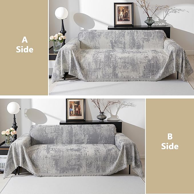 MEETSKY Couch Cover for Sectional Sofa Set Abstract Geometric Chenille Sofa Cover Washable for Dog Friendly, Couch Cover 3 Seat Couch Protector Multi-Use Blanket for Living Room, 91"x150", Light Grey
