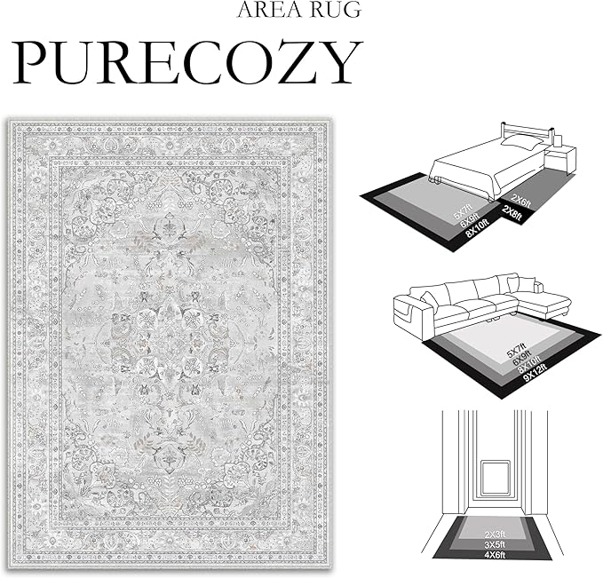 Grey 8x10 Area Rug Washable Vintage Carpet for Living Room Bedroom Large Soft Retro Floral Low Pile Thin Indoor Rug Non Slip Central Medallion Floor Cover for Dining Room Office
