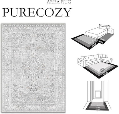 Grey 8x10 Area Rug Washable Vintage Carpet for Living Room Bedroom Large Soft Retro Floral Low Pile Thin Indoor Rug Non Slip Central Medallion Floor Cover for Dining Room Office