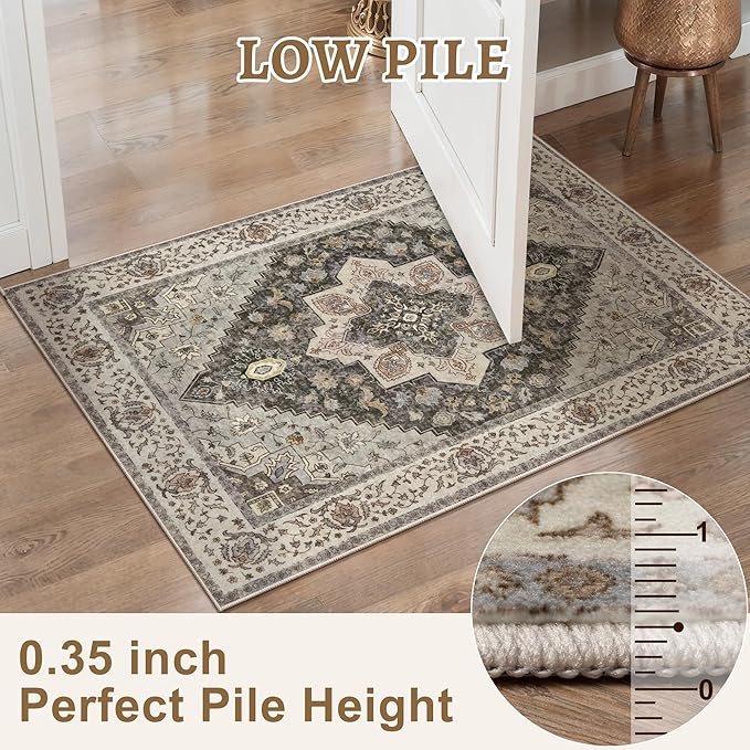Tangsoo 2.6x8 Washable Runner Rug for Hallways, Non Slip Vintage, Soft Low Pile Long Runner, Print Distressed Grey Carpet Runners for Kitchen Bedroom Entryway Bathroom Living Room