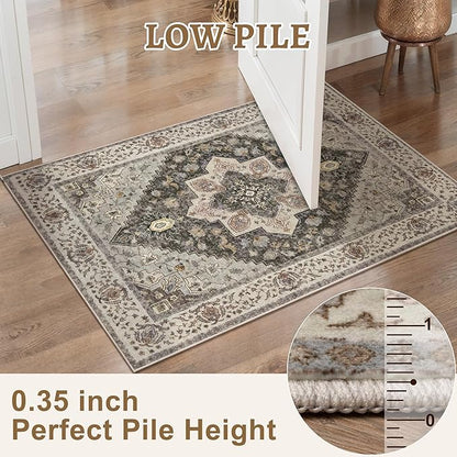 Tangsoo 2.6x8 Washable Runner Rug for Hallways, Non Slip Vintage, Soft Low Pile Long Runner, Print Distressed Grey Carpet Runners for Kitchen Bedroom Entryway Bathroom Living Room