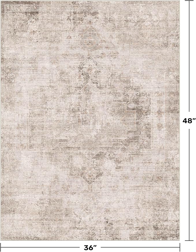 Washable Beige Brown Rugs for Entryway Indoor - 3x4 Throw Rug for Large Kitchen, Bedroom Bedside, Bathroom, Mudroom, Mordern Abstract Medallion Décor, Non Slip Low Pile Fade Resistant
