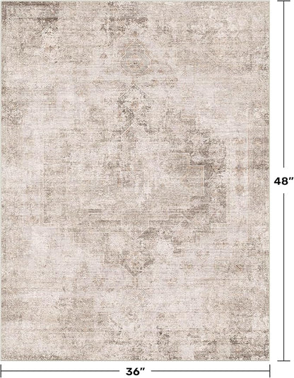 Washable Beige Brown Rugs for Entryway Indoor - 3x4 Throw Rug for Large Kitchen, Bedroom Bedside, Bathroom, Mudroom, Mordern Abstract Medallion Décor, Non Slip Low Pile Fade Resistant
