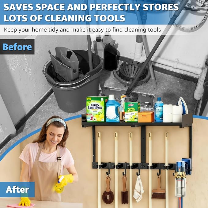 Broom Holder Wall Mount, Heavy Duty Iron Utility Rack - Image 3