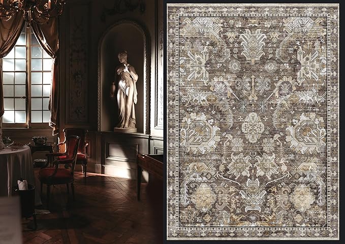 RUGSURE Washable Area Rugs - Perfect for Living Room, Bedroom, Kids Room, Nursery - Stain & Water Resistant Non-Slip, Pet & Child Friendly, Vintage Tribal Area Rugs (Ivory, 6' x 9')