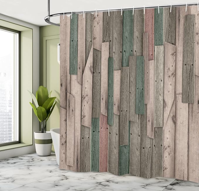 Ambesonne Rustic Shower Curtain, Grunge Wood Planks Barn House Door Nails - Image 4