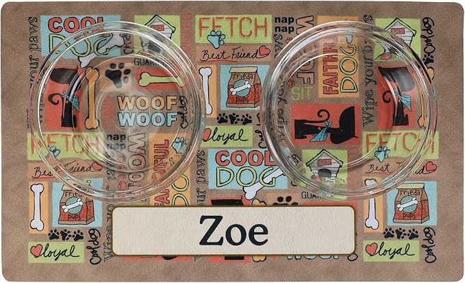 Drymate Personalized Pet Bowl Placemat, Custom Dog & Cat Food Feeding Mat - Absorbent Fabric, Waterproof Backing - Machine Washable/Durable (USA Made) (12" x 20") (Cool Dog - Brown)