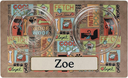Drymate Personalized Pet Bowl Placemat, Custom Dog & Cat Food Feeding Mat - Absorbent Fabric, Waterproof Backing - Machine Washable/Durable (USA Made) (12" x 20") (Cool Dog - Brown)