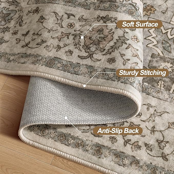 Tangsoo 2x10 Washable Runner Rug for Hallways, Non Slip Vintage Runner Rug, Soft Low Pile Long Runner, Print Distressed Grey Carpet Runners for Kitchen Bedroom Entryway Bathroom Living Room