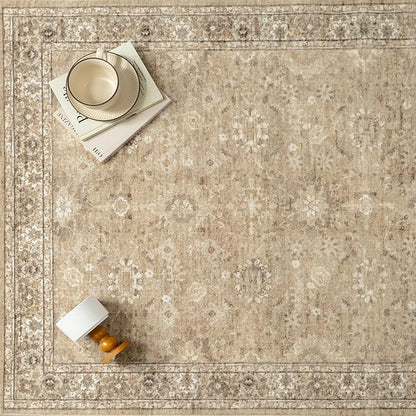 8x10 Brown Area Rug Non Slip Large Vintage Living Room Distressed Machine Washable Retro Carpet Indoor Bedroom Traditional Floral Accent Throw Rug for Office Kitchen Dorm Dining Room