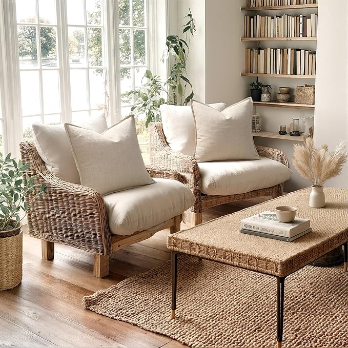 MIULEE Decorative Pillow Covers 18x18, 2 Pack Boho Farmhouse Neutral Throw Pillows for Couch, Thick Textured Modern Linen Cushion Cases Sofa Bed Living Room Home Decor, Natural Beige