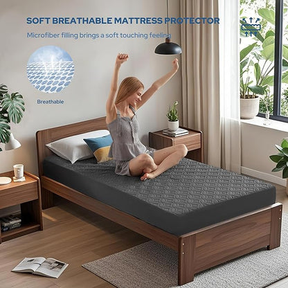 BEDLORE Waterproof Mattress Protector, Twin XL Size Mattress Pad with Deep Pocket 6"-15" Depth, Soft Breathable Dirt-Proof Bed Mattress Cover for Bedroom, College Dorm (Gray)
