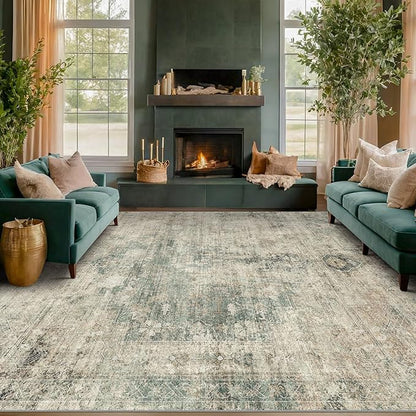 Washable Moss Green 9x12 Rug for Living Room -Modern Large Rug for Bedroom, Dining Room Under Table, Non Slip &Soft Low Pile Farmhouse Carpet