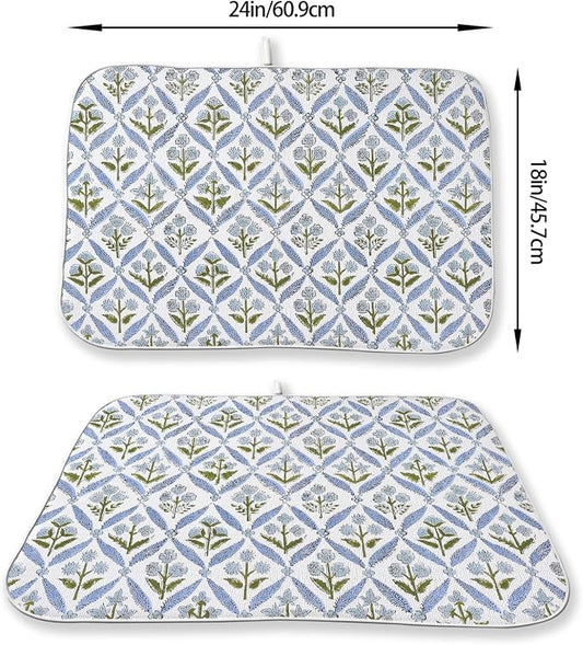 Blue Sage Green Block Print Dish Drying Mats 18x24 Inch Blue Green Vintage - Image 2