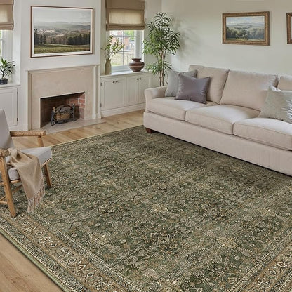 8x10 Area Rug for Living Room Green Brown Vintage Washable Bedroom Carpet Traditional Distressed Soft Non Slip Indoor Large Accent Rug Retro Thin Low Pile Floor Cover for Dining Room Playroom