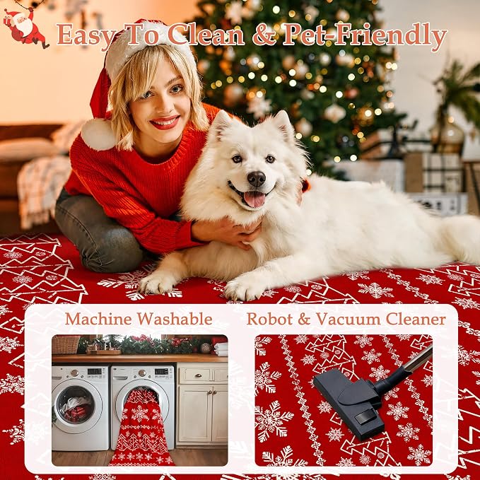 Christmas Runner Rug 3x10 Red Washable Carpet Xmas Snowflake Holiday Decor - Image 2