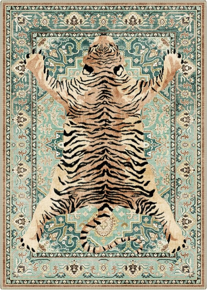 Bavni 5x7 Tiger Rug, Machine Washable Animal Print Low Pile Boho Woodland - Image 8