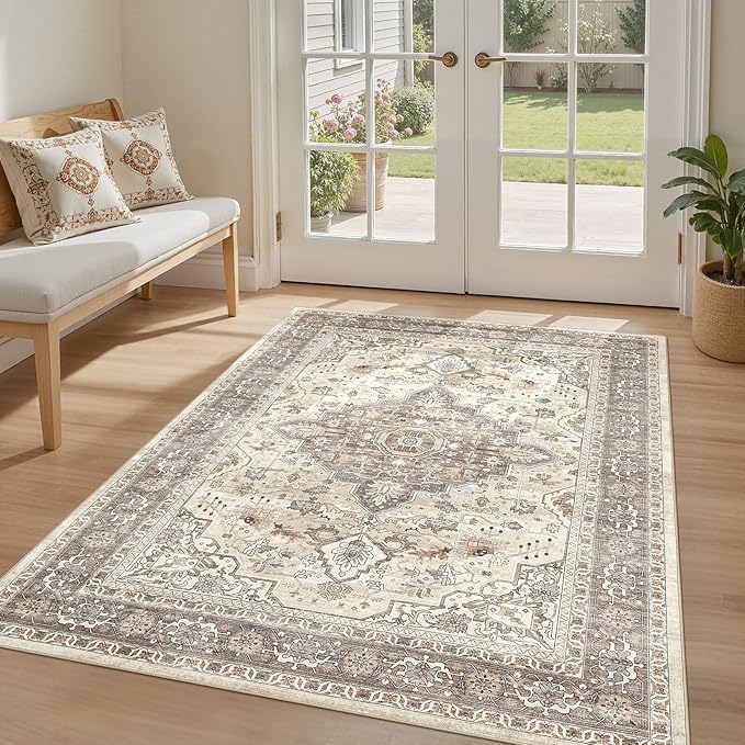 4x6 Area Rug Washable Rugs: Boho Large Neutral Vintage Soft Rugs Stain Resistant Farmhouse Non-Slip Indoor Floor Carpet for Bedroom Nursery Entryway Kids Playroom Office Dining Room Home Decor- Brown