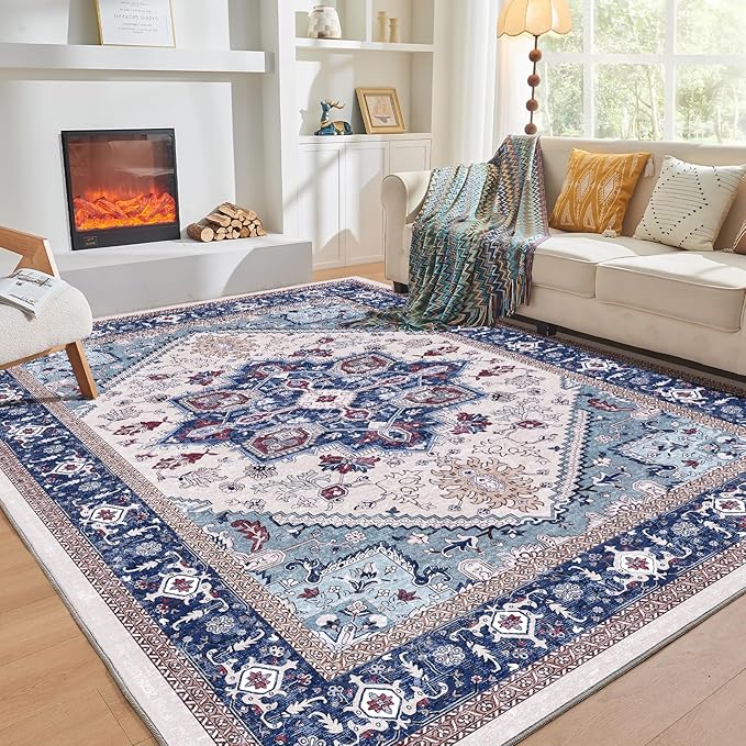 OPPODREAM Thin Area Rugs 9x12 Living Room, Washable Rugs 9x12 with Non Slip Backing, Faux Cashmere Low-Pile 9 x 12 Carpet, Navy Blue & Red & Cream