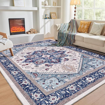 OPPODREAM Thin Area Rugs 9x12 Living Room, Washable Rugs 9x12 with Non Slip Backing, Faux Cashmere Low-Pile 9 x 12 Carpet, Navy Blue & Red & Cream