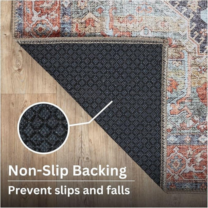 Bloom Rugs Washable Non-Slip 9' x 12' Rug - Terracotta/Blue Traditional Medallion Area Rug for Living Room, Bedroom, Dining Room, and Kitchen - Exact Size: 9' x 12'