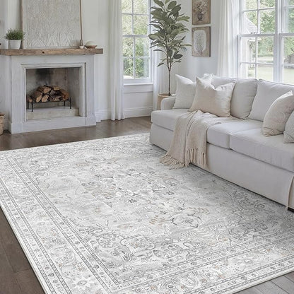 Grey 8x10 Area Rug Washable Vintage Carpet for Living Room Bedroom Large Soft Retro Floral Low Pile Thin Indoor Rug Non Slip Central Medallion Floor Cover for Dining Room Office