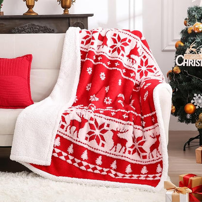 SOCHOW Christmas Holiday Jacquard Sherpa Fleece Throw Blanket, Fuzzy Warm Super Soft Reversible Plush Blanket for Bed, Sofa and Couch, 50 x 60 inches, Red